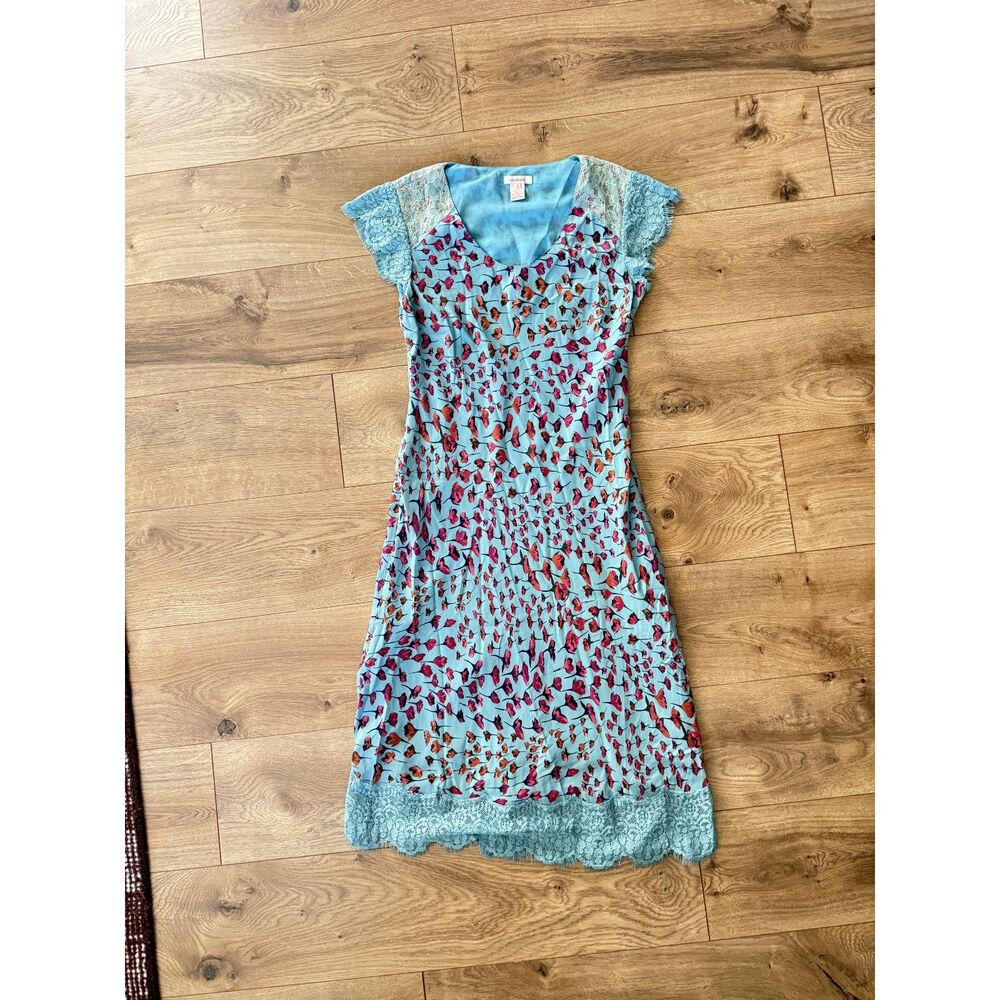 SUNDANCE 4 Floral Eyelet Lace 100% silk short sleeved dress Dainty maxi V Neck